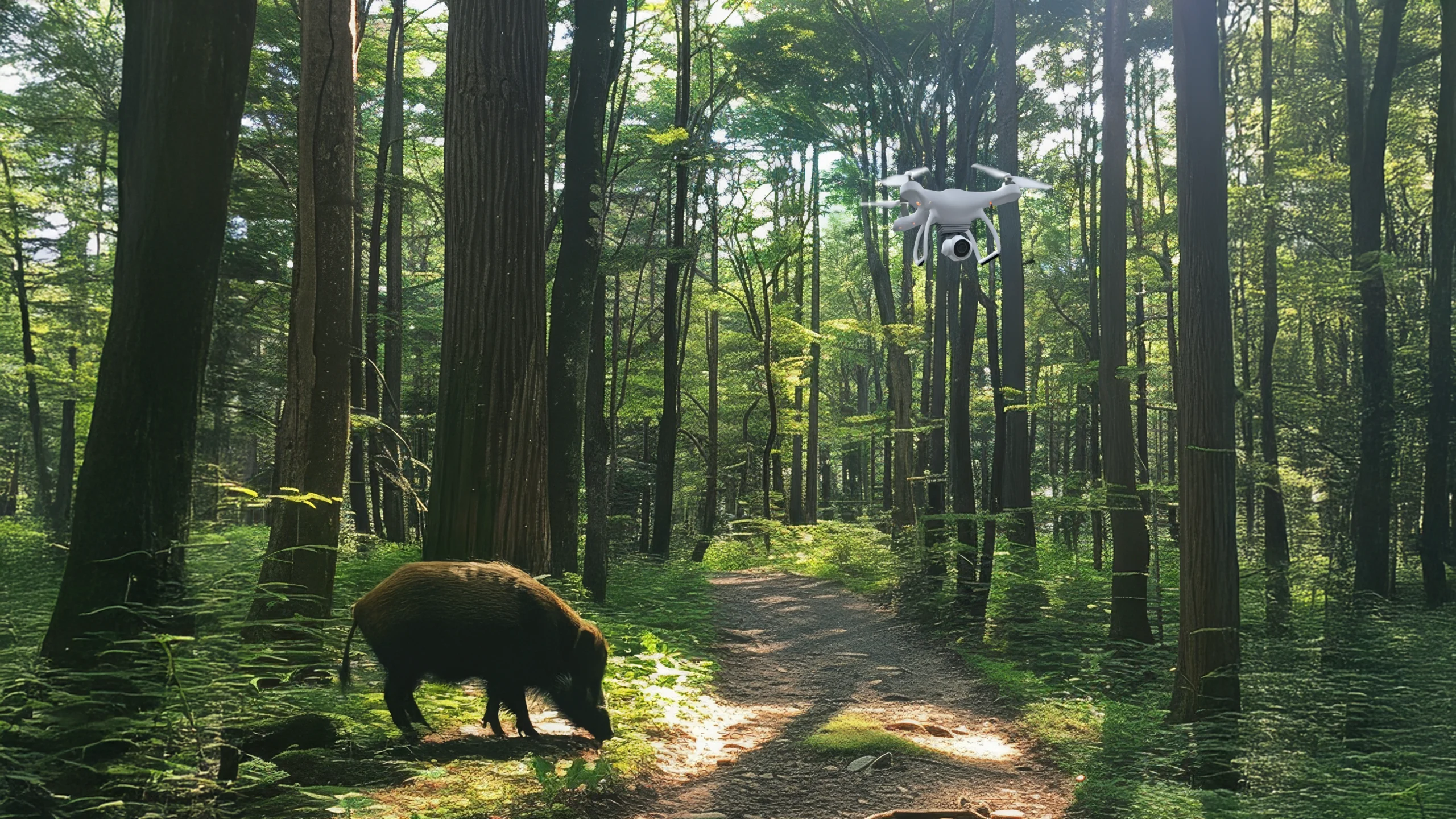 drone e cinghiale in pineta