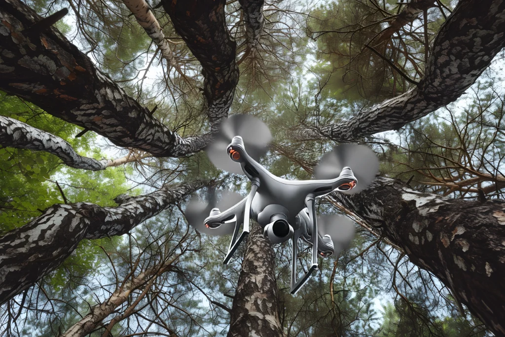 vista dal basso di drone tra pini marittimi
