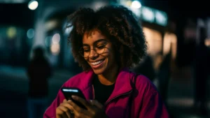 ragazza sorride guardando il telefono