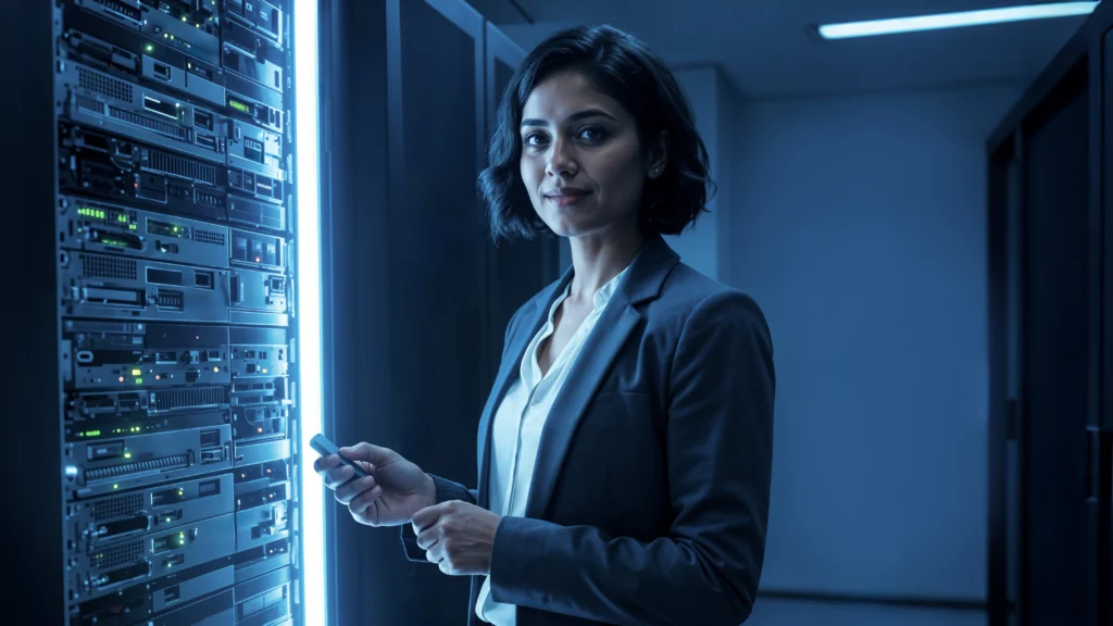 girl watching in camera in front of datacenter