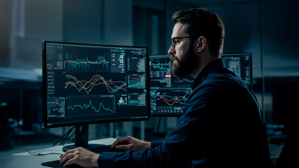 man watching datas on his pc