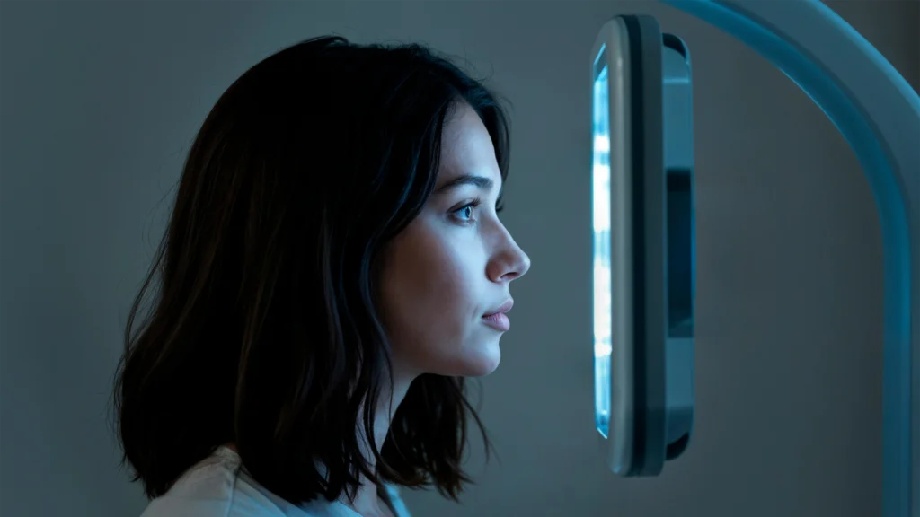 A woman with dark hair gazes intently at a glowing vertical screen in a dimly lit room, conveying a sense of focus and modern technology.