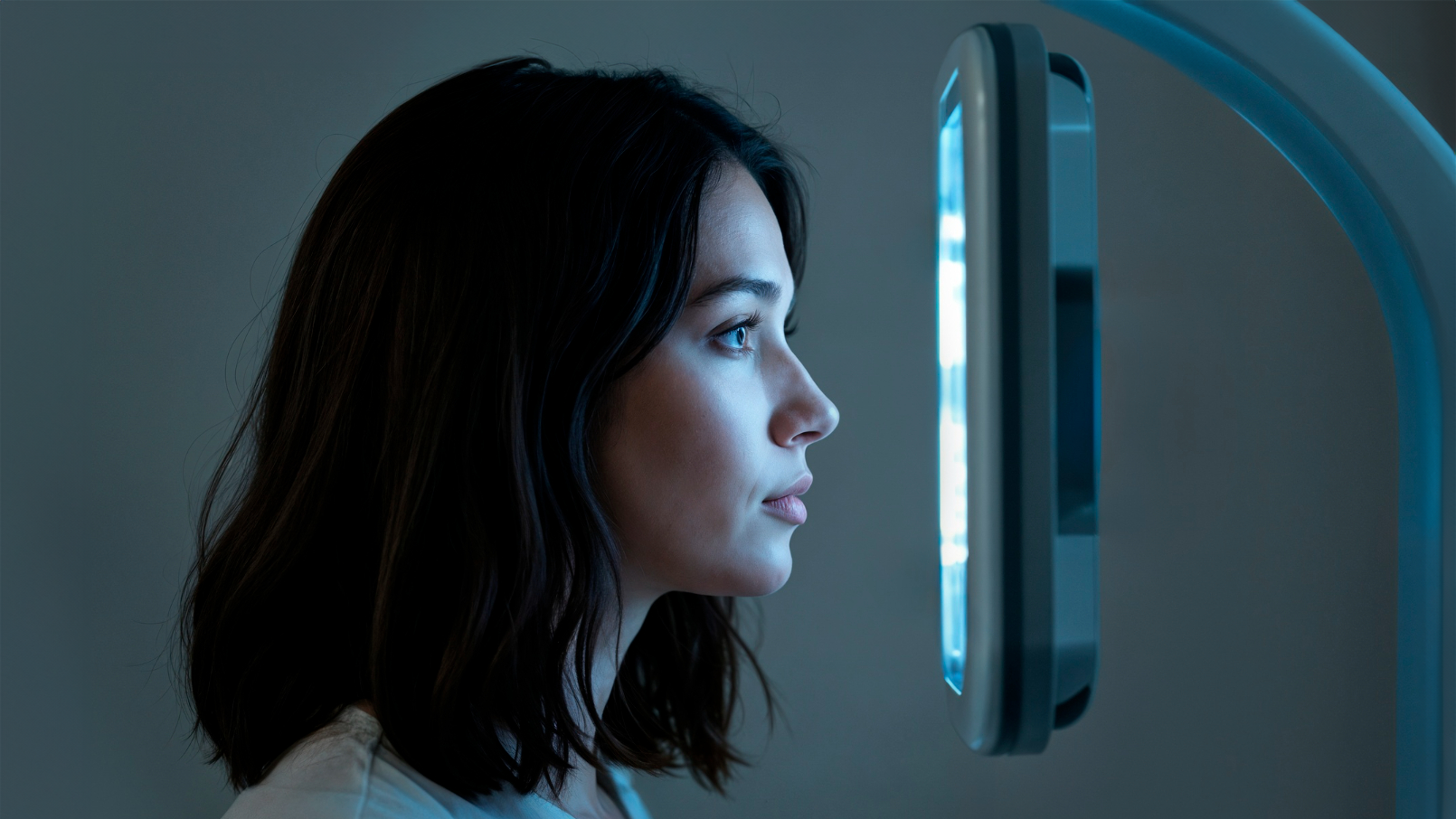 A woman with dark hair gazes intently at a glowing vertical screen in a dimly lit room, conveying a sense of focus and modern technology.