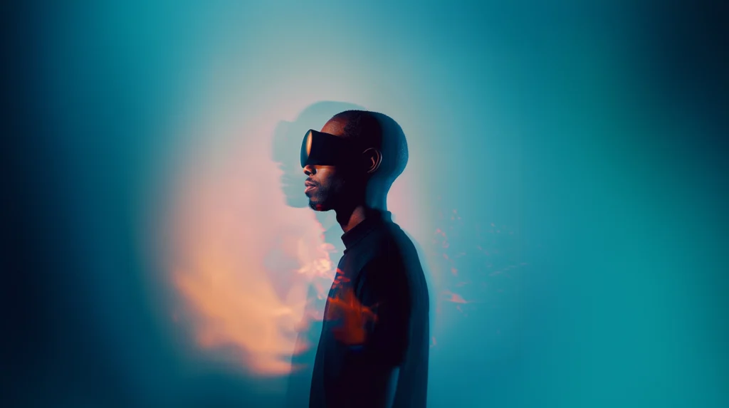 A man in profile wearing futuristic goggles stands against a vibrant background. Blurred effects and warm colors create a surreal, dreamlike atmosphere.