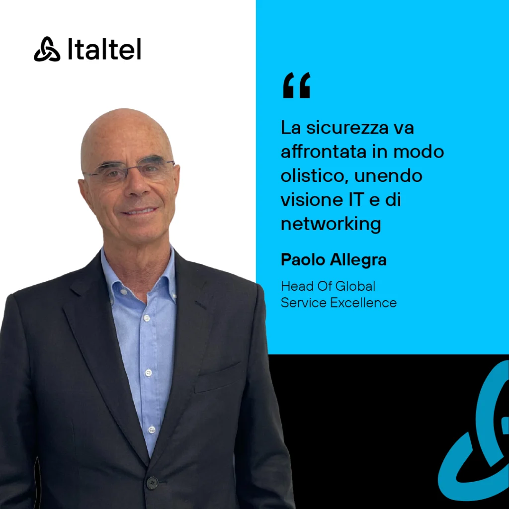 Man in a suit with glasses, standing on a white and blue background. Text includes Italian quote on holistic IT and networking from a company leader. Italtel logo featured.