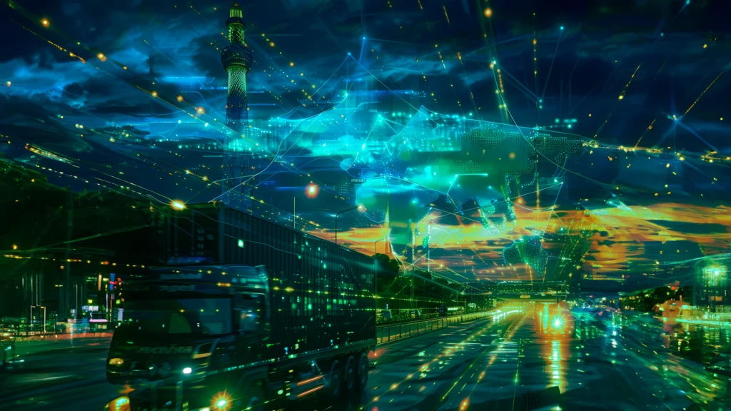 Futuristic cityscape at night with digital overlays, trucks on a road, ambient lights, and a telecommunications tower, evoking a tech-driven world.