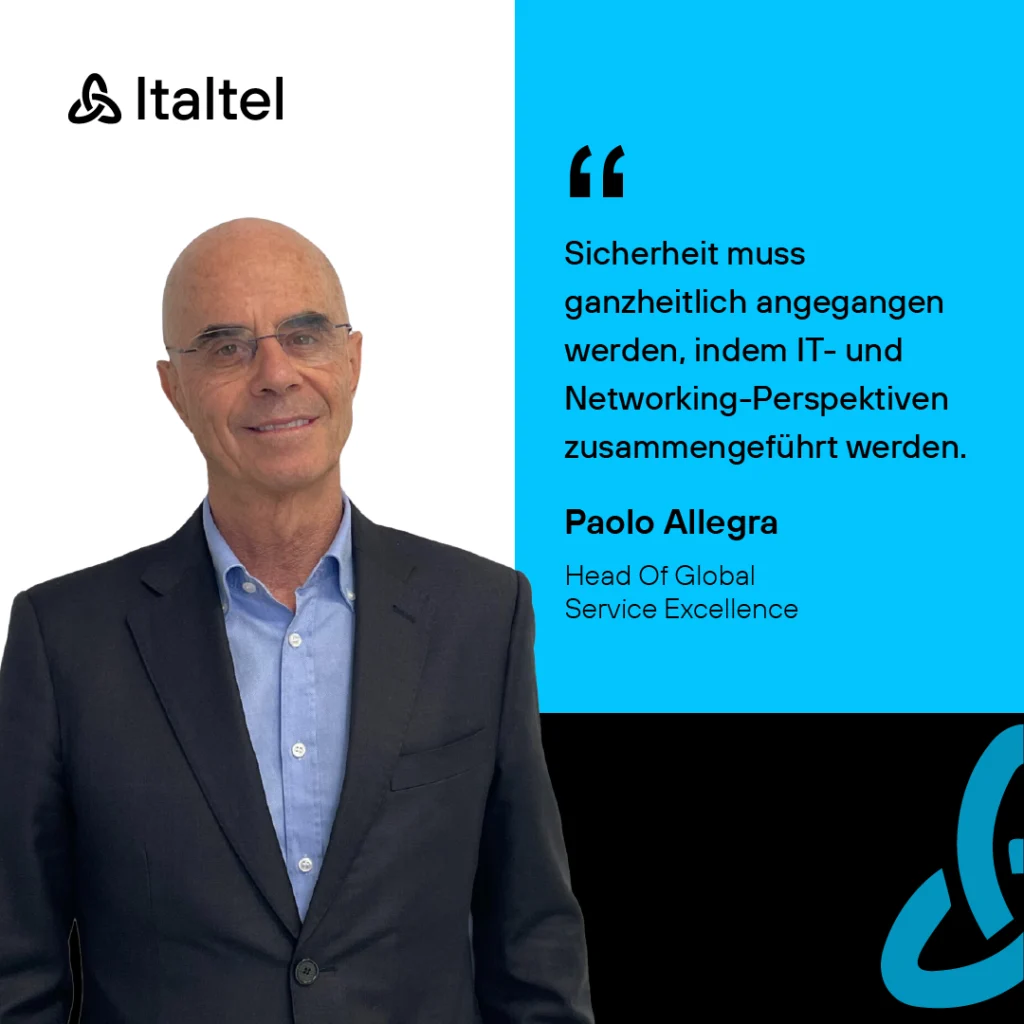 Man in a suit with glasses, standing on a white and blue background. Text includes Italian quote on holistic IT and networking from a company leader. Italtel logo featured.