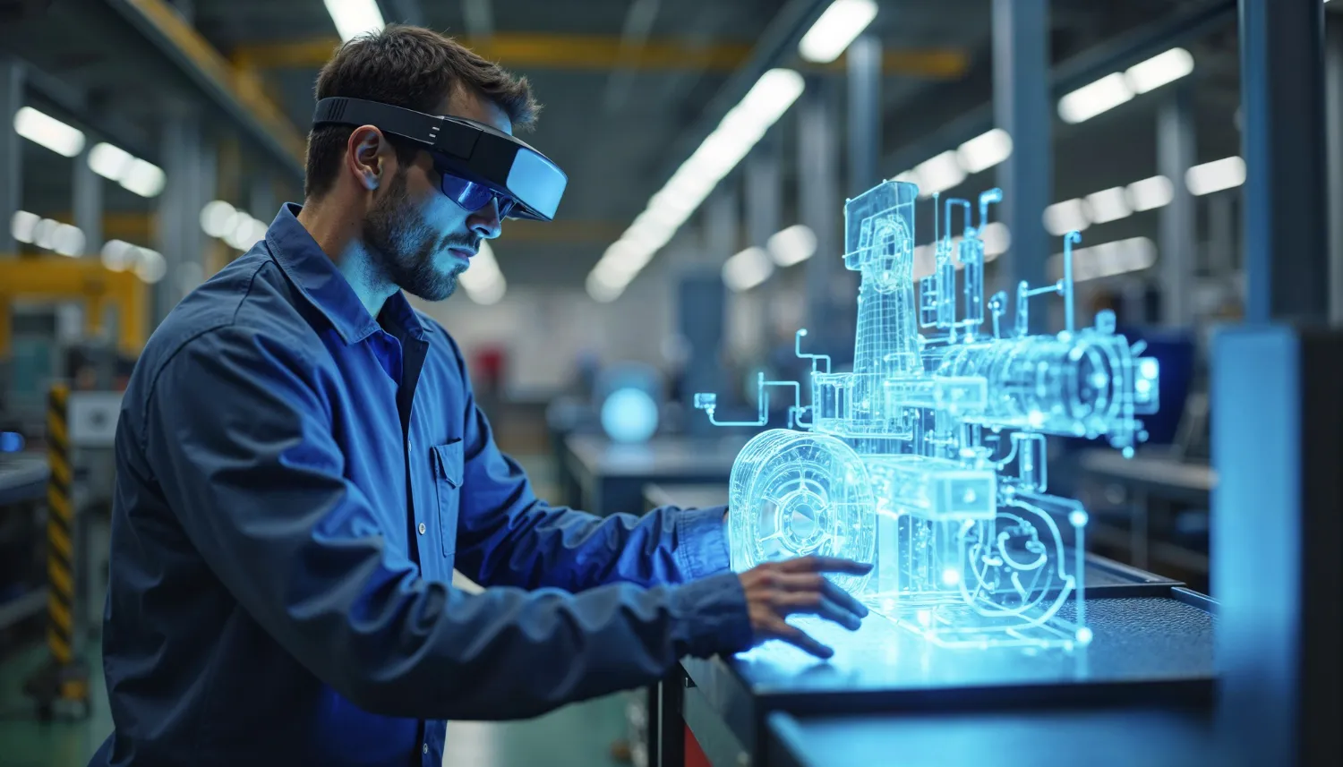 A man wearing augmented reality glasses interacts with a glowing blue 3D hologram of machinery in a futuristic industrial setting, conveying innovation.