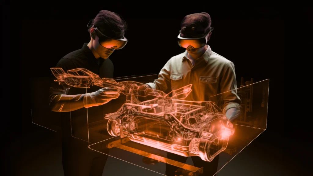 Two people wearing VR headsets interact with a glowing orange hologram of a car, showcasing futuristic technology and innovation in a dark room.