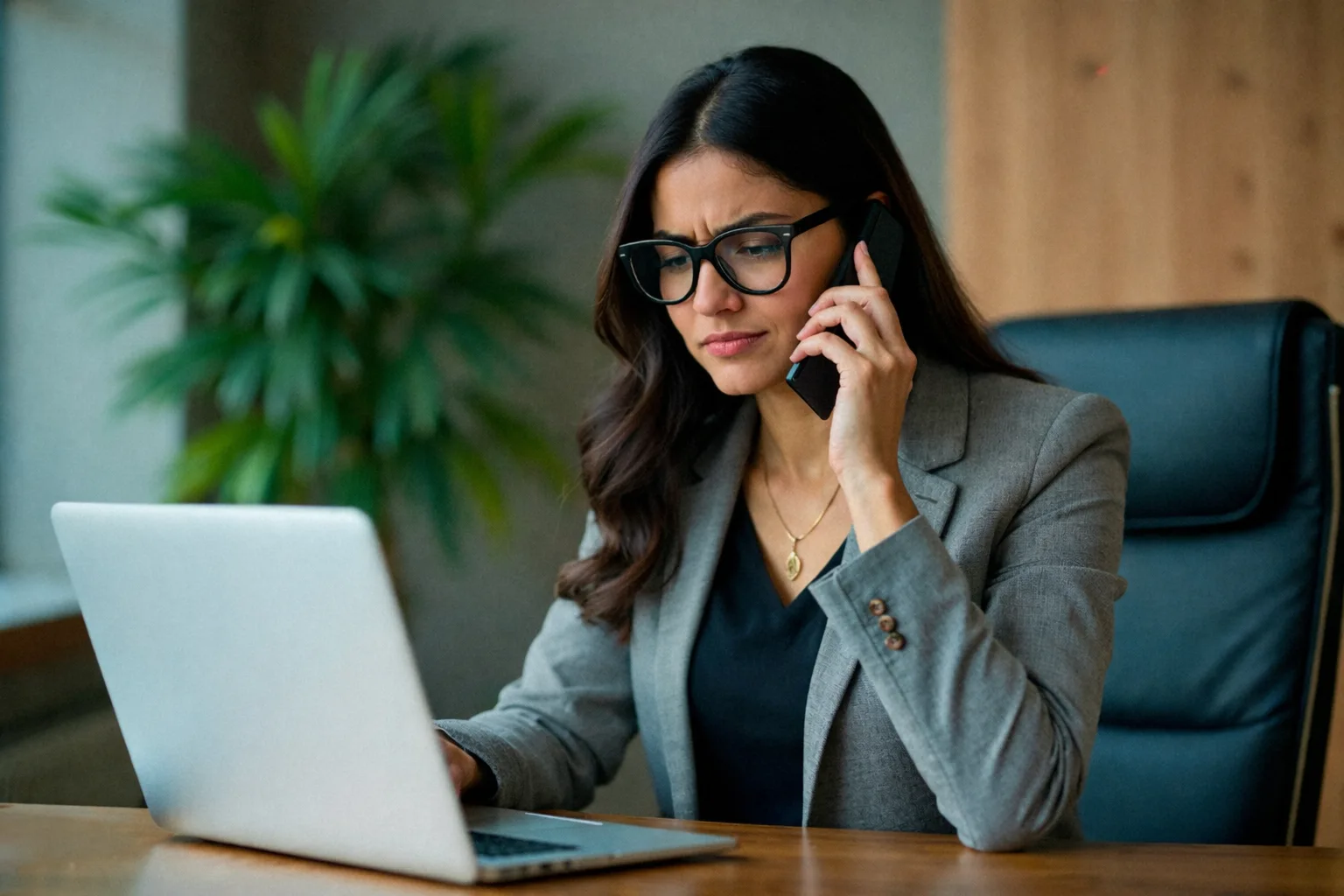 a professional girl in her office talking on the phone a little frustrated