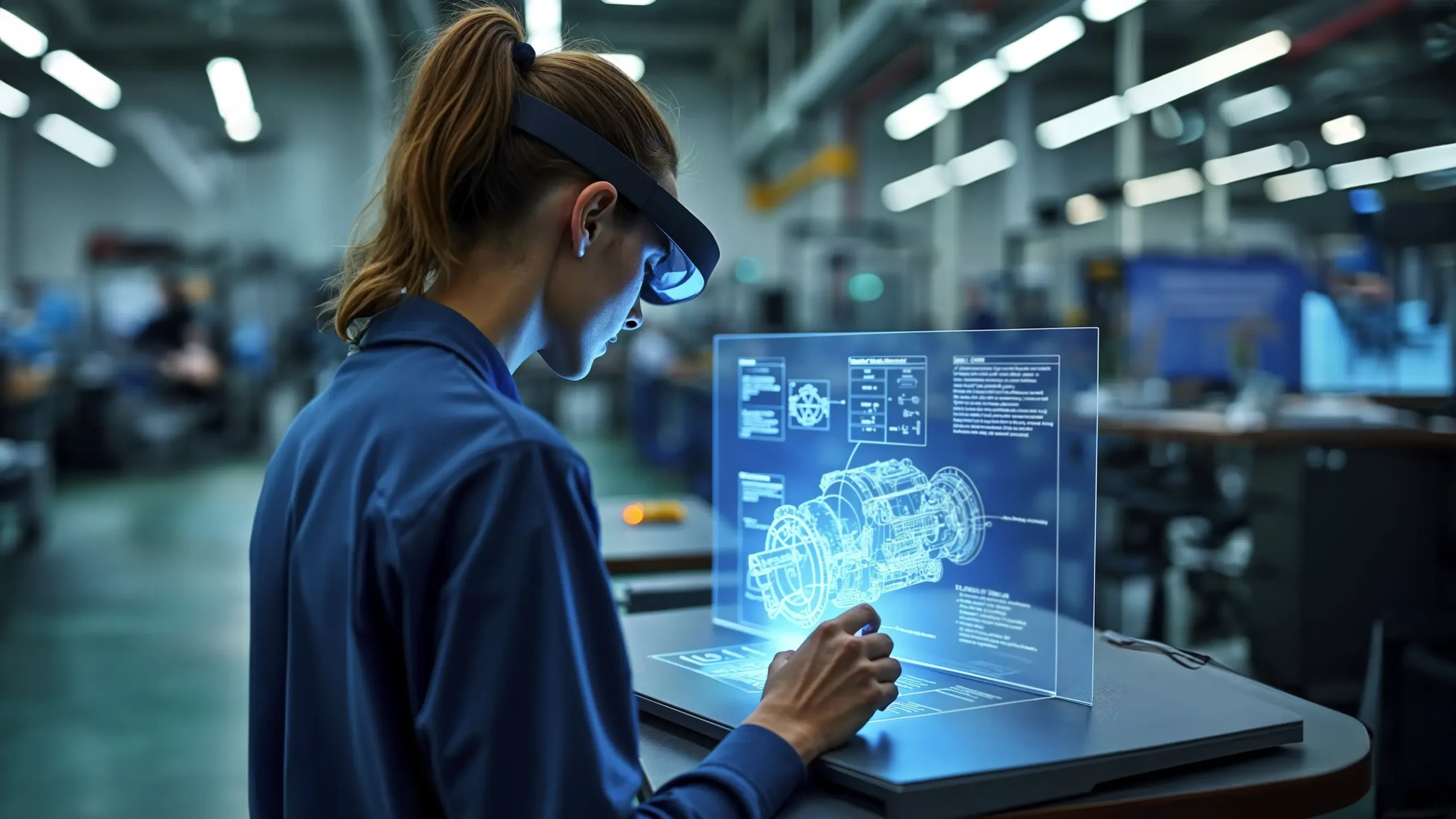 A woman in a blue shirt and VR headset examines a digital hologram of an engine in a factory, conveying innovation and focus.
