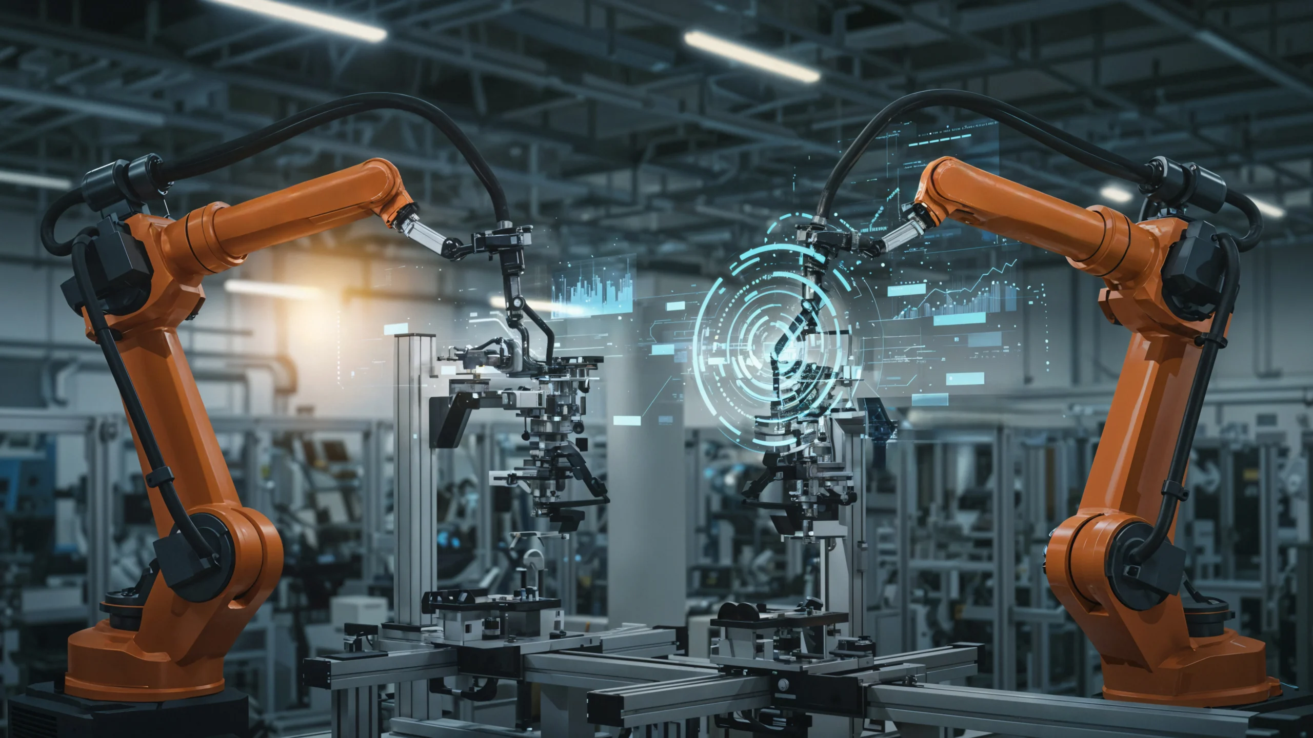 Two orange robotic arms in a factory align over a workpiece. A digital overlay displays data, conveying advanced automation and technology.