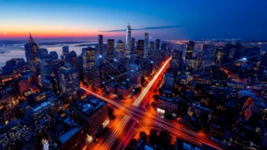 Aerial view of a bustling city at dusk, with bright red light trails from traffic. Skyscrapers are lit, and the sky has a gradient from orange to deep blue.