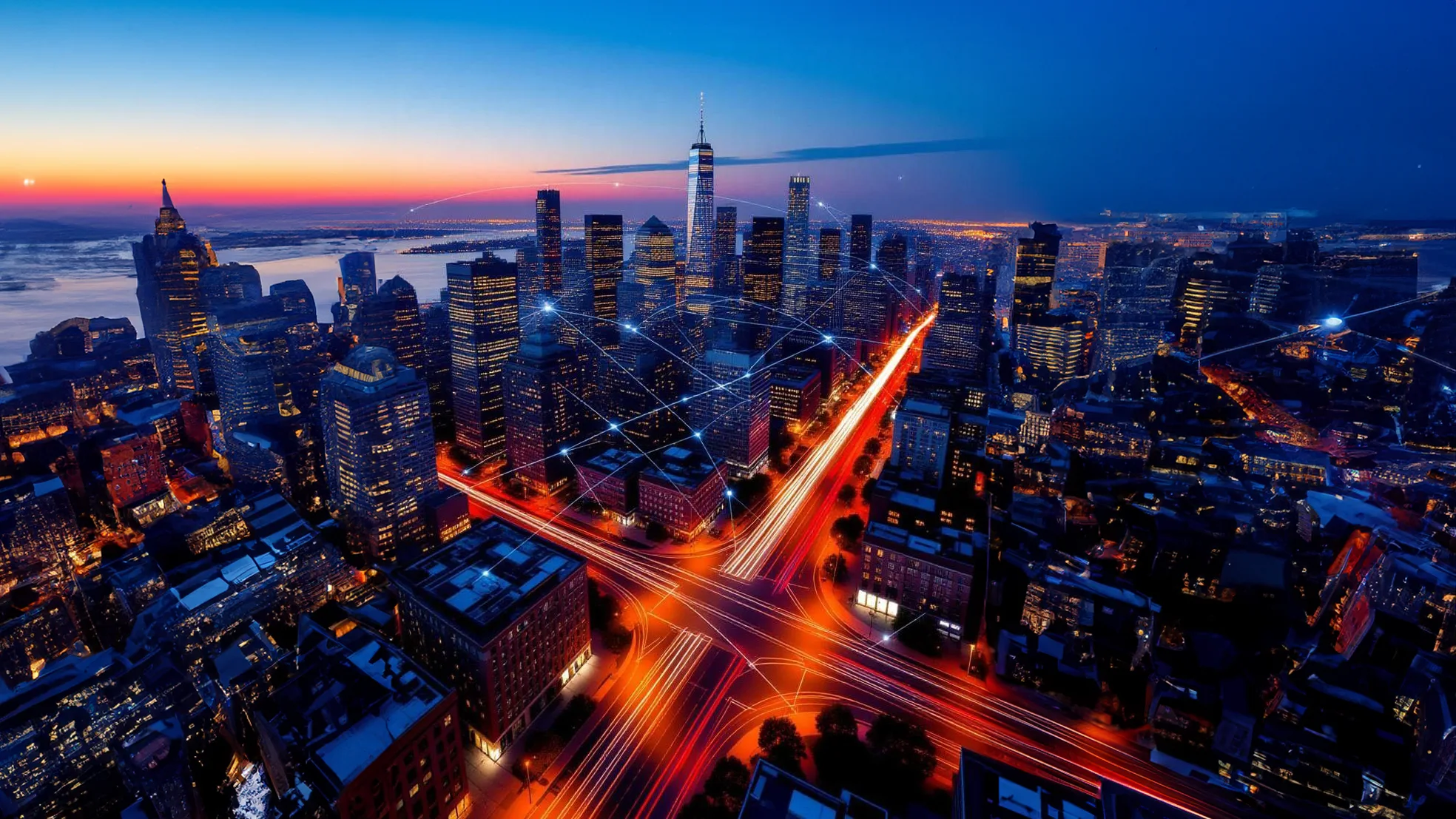 Aerial view of a bustling city at dusk, with bright red light trails from traffic. Skyscrapers are lit, and the sky has a gradient from orange to deep blue.