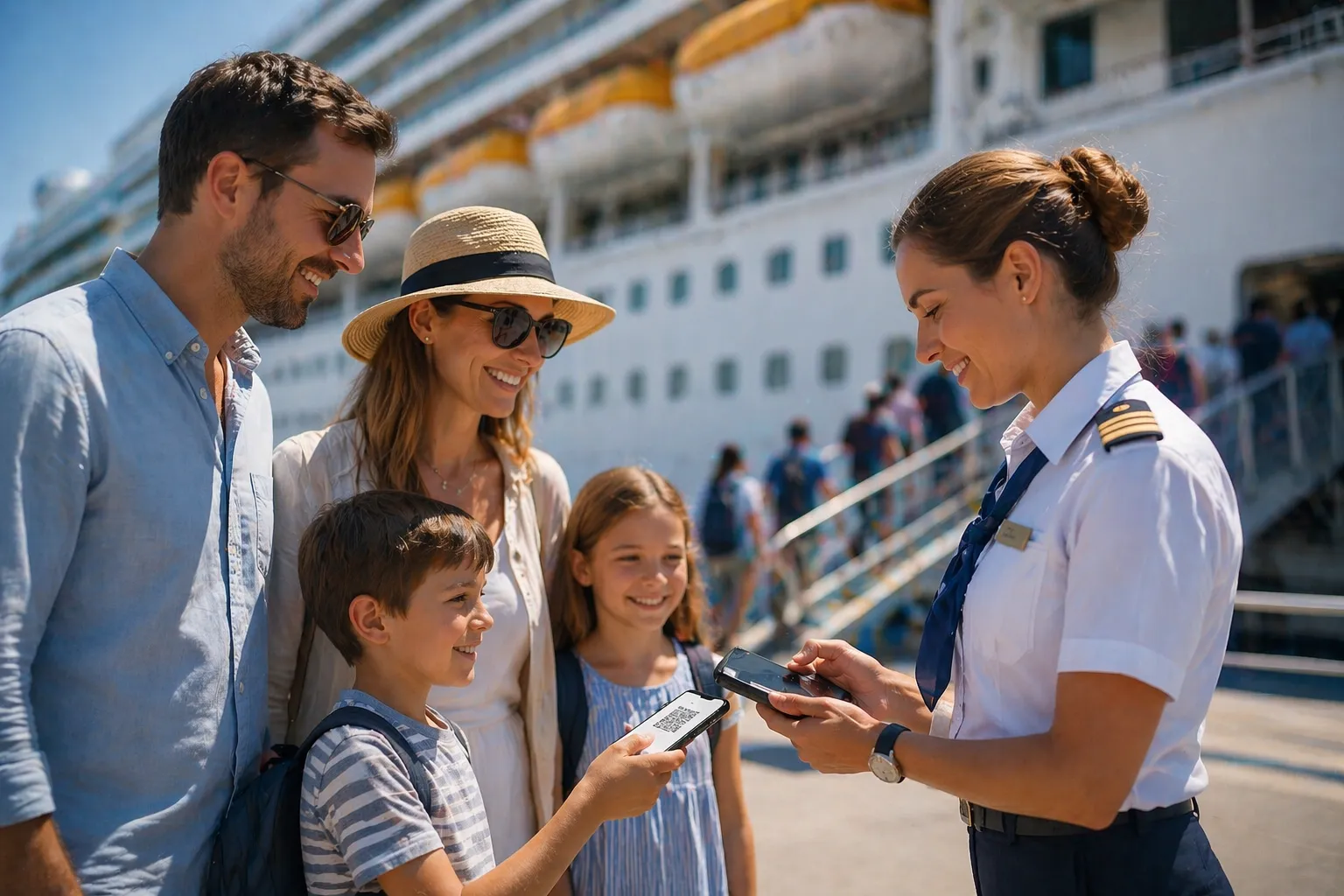 Tourists are boarding the cruise ship via a gangway, carrying luggage, while a uniformed crew member is scanning passengers' tickets using a smartphone