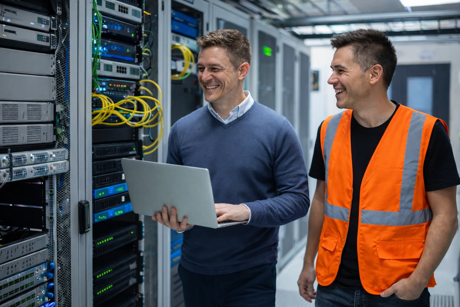 Two men in a server room smile and converse. One holds a laptop, wearing a blue sweater; the other in an orange safety vest. Their mood is cheerful.