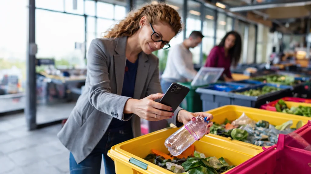 AI-powered image recognition app used for indoor waste sorting, enabling users to identify and separate recyclable materials through a smartphone interface in a controlled environment.