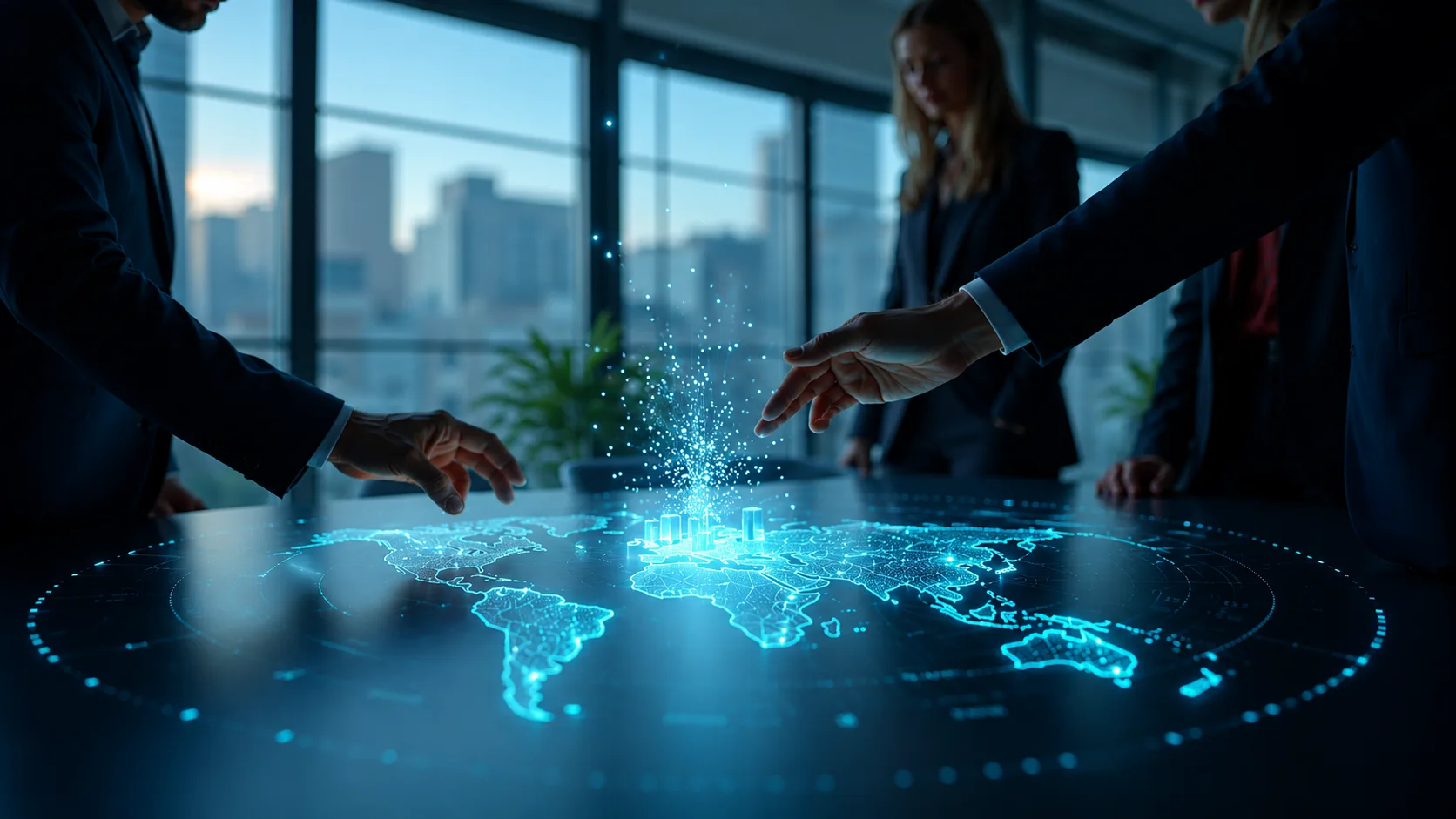 Business professionals interacting with a digital world map projection in a modern office setting, showcasing innovative technology.