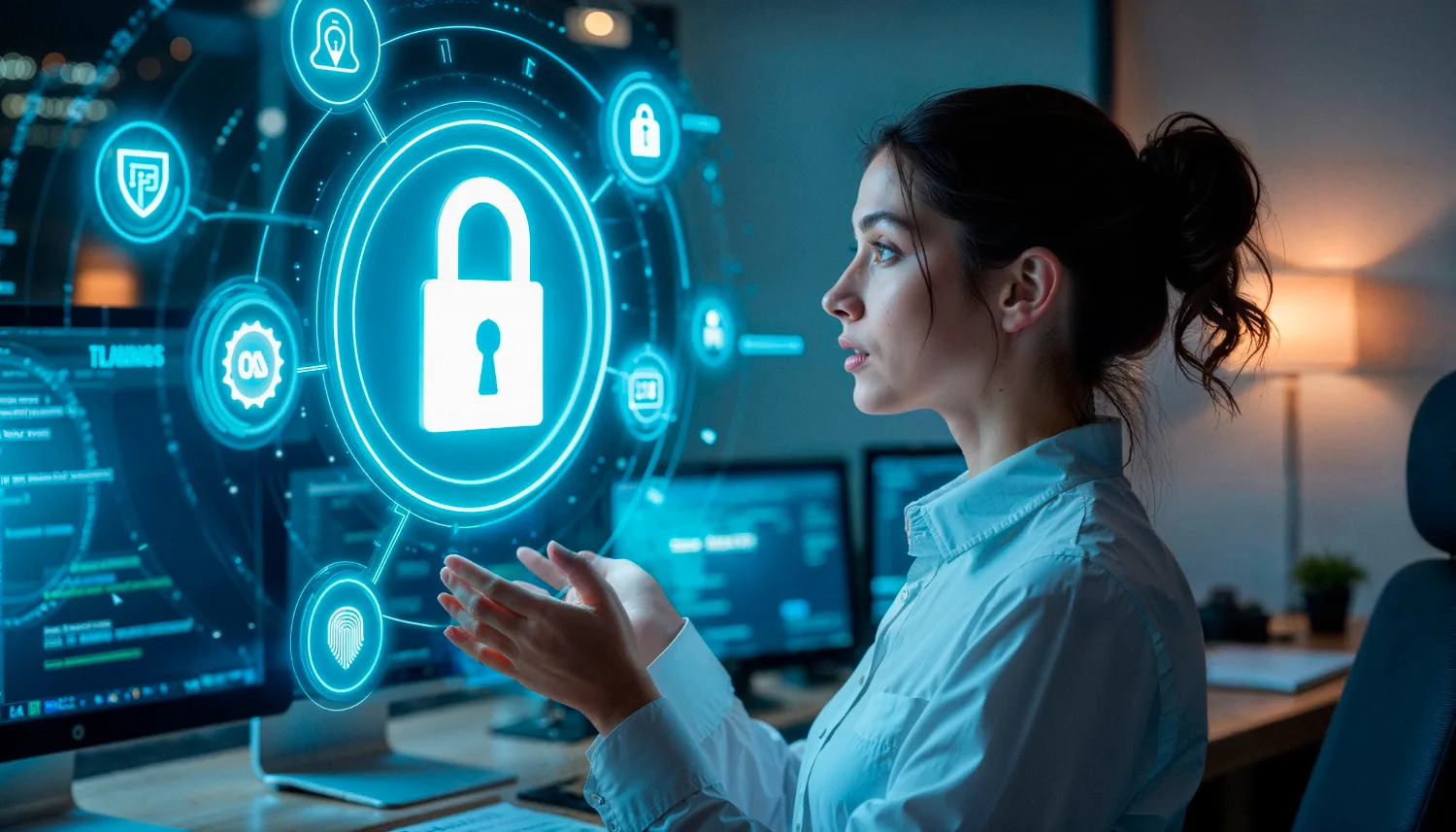 A young woman working on a display on cyber security