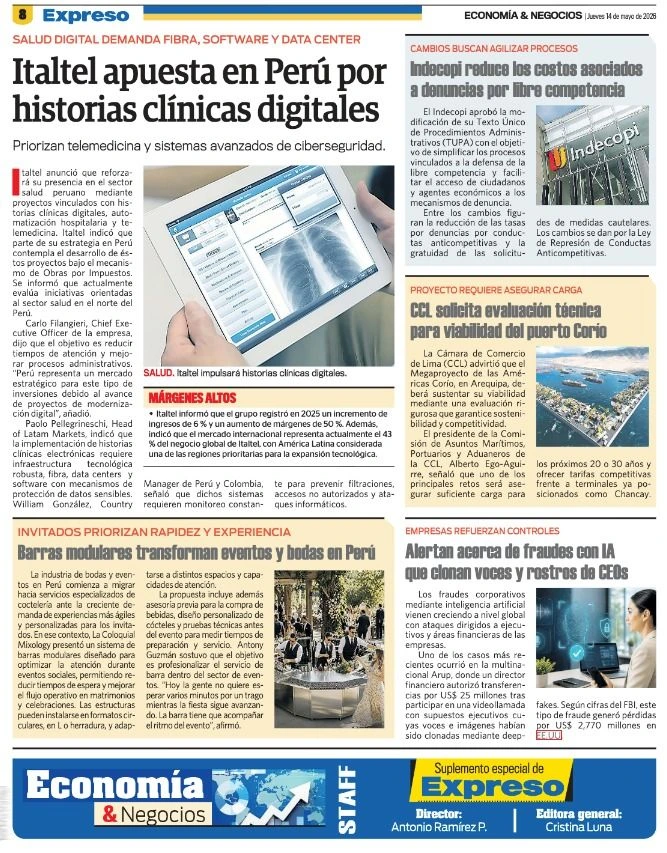 Alt text: "Newspaper page discussing digital clinical records in Peru. Features an image of hands holding a tablet. Headlines include topics on cybersecurity in telemedicine, modular bars for events, and AI fraud alerts. Includes graphics of a modern building and a coastal area."