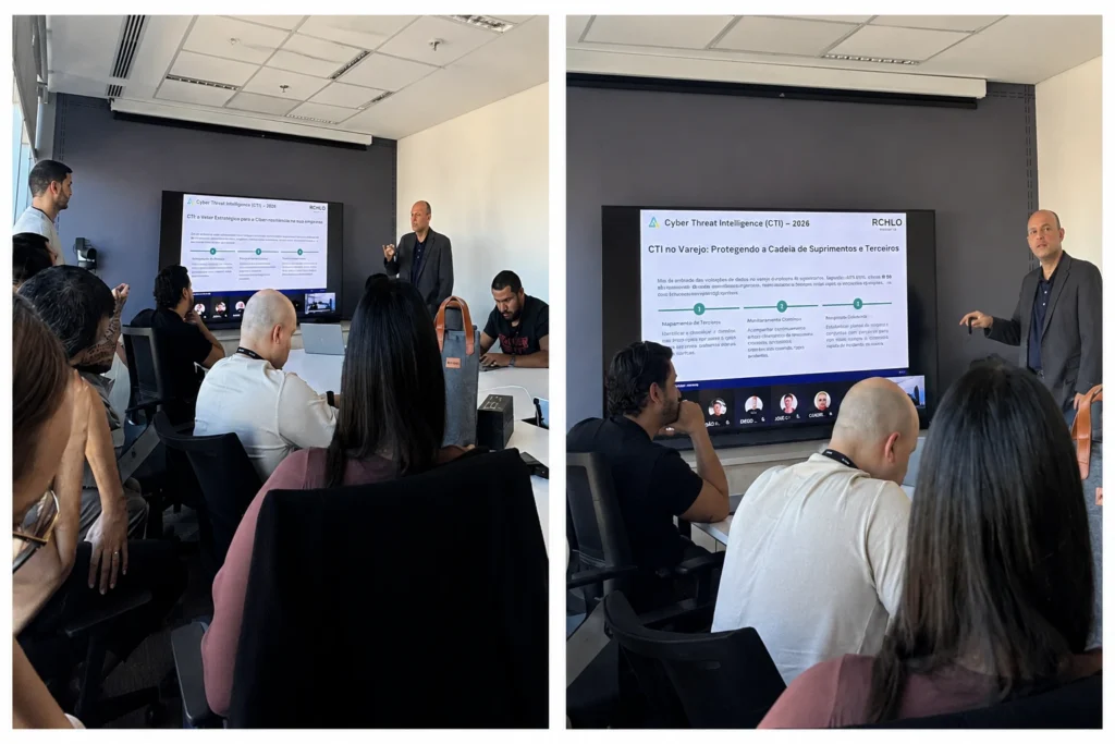 Two photos show a man giving a presentation on cyber threat intelligence to a group of people seated in a conference room, with a slide displayed on a large screen.