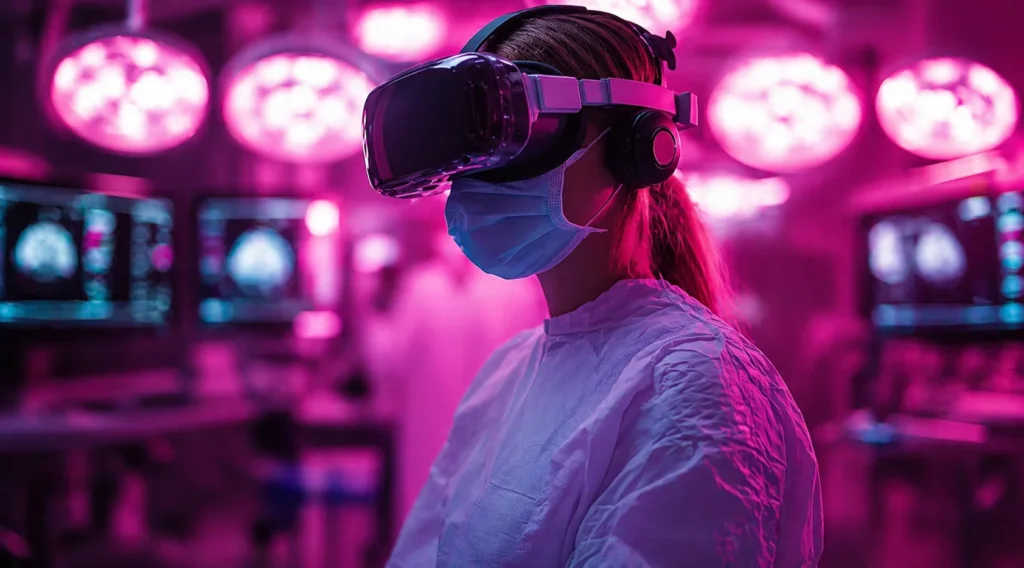 Healthcare professional wearing a surgical mask and protective gown uses a virtual reality headset in a high-tech operating room, illuminated by pink surgical lights, with medical monitors in the background.