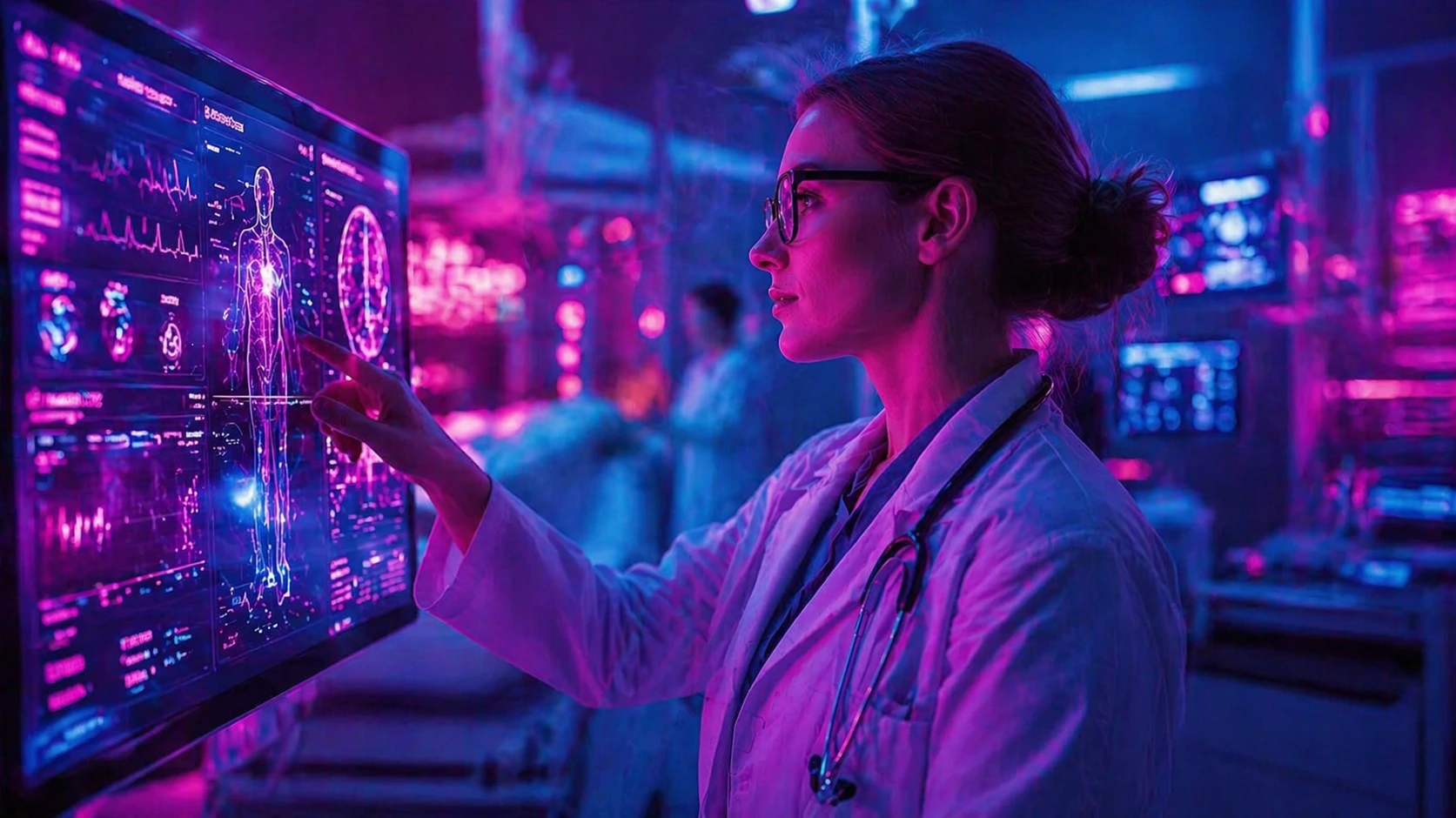 Doctor in a futuristic hospital environment interacts with a large digital medical display, surrounded by neon pink and blue lighting, reviewing patient data on a transparent screen.
