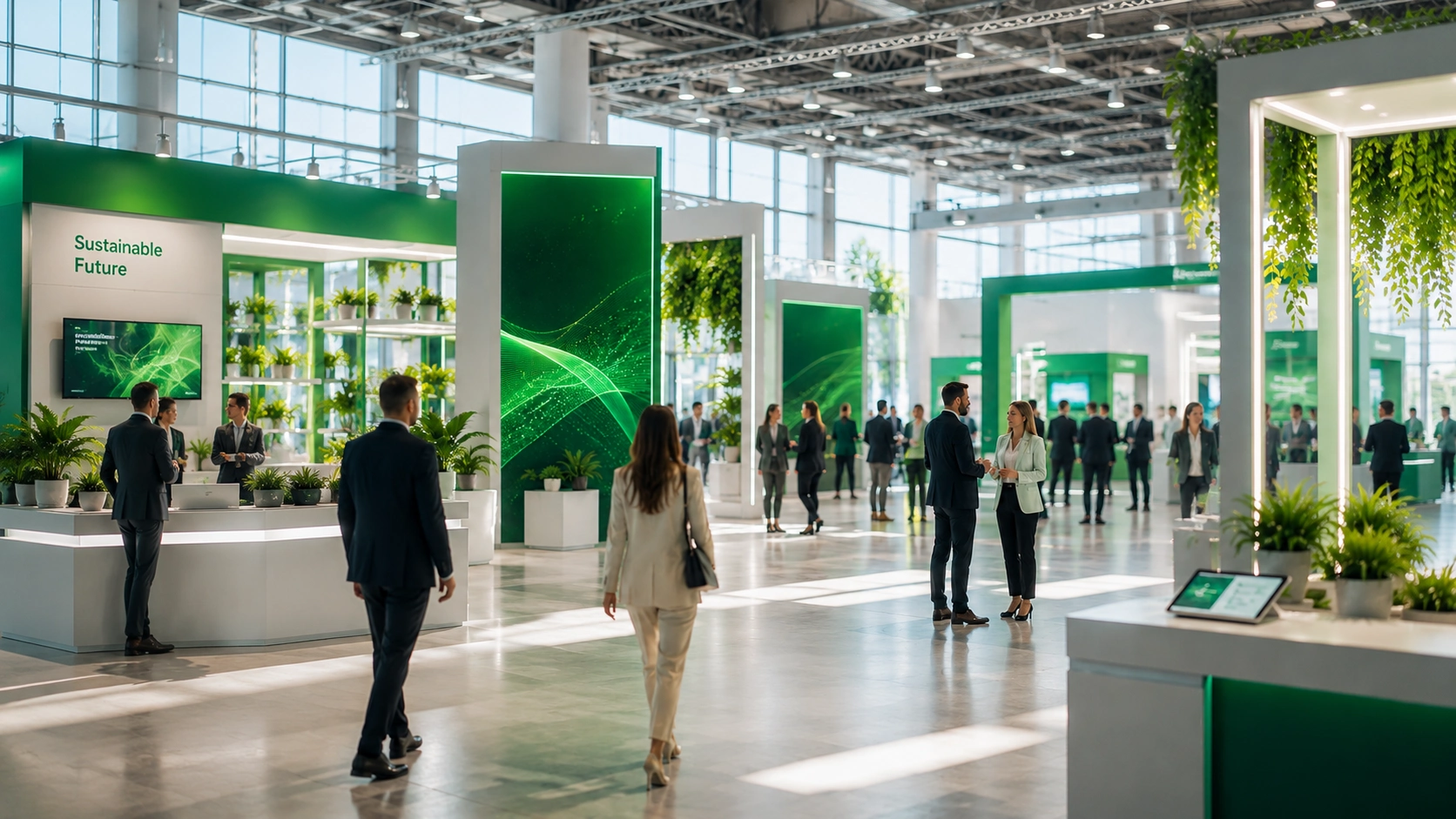 Modern exhibition hall with green displays and plants. Business professionals engage in conversations, conveying a theme of sustainability.