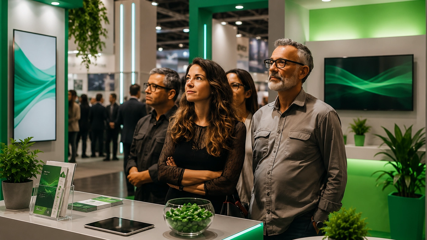 A group of people stand attentively in a modern, green-themed exhibition booth with plants and screens displaying abstract designs, conveying interest and curiosity.
