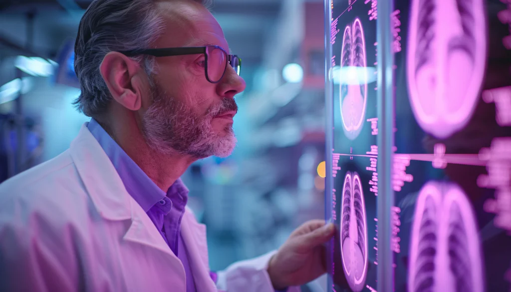 A focused scientist in a lab coat examines detailed, glowing brain scans on a screen. The scene is bathed in a soft purple light, conveying curiosity.