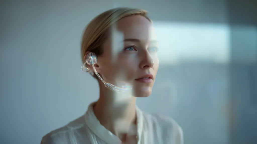 Close-up of a professional wearing a transparent high-tech earpiece, illuminated by soft light reflections in a modern environment. The image conveys themes of digital innovation, cybersecurity, artificial intelligence, and technology-driven transformation.