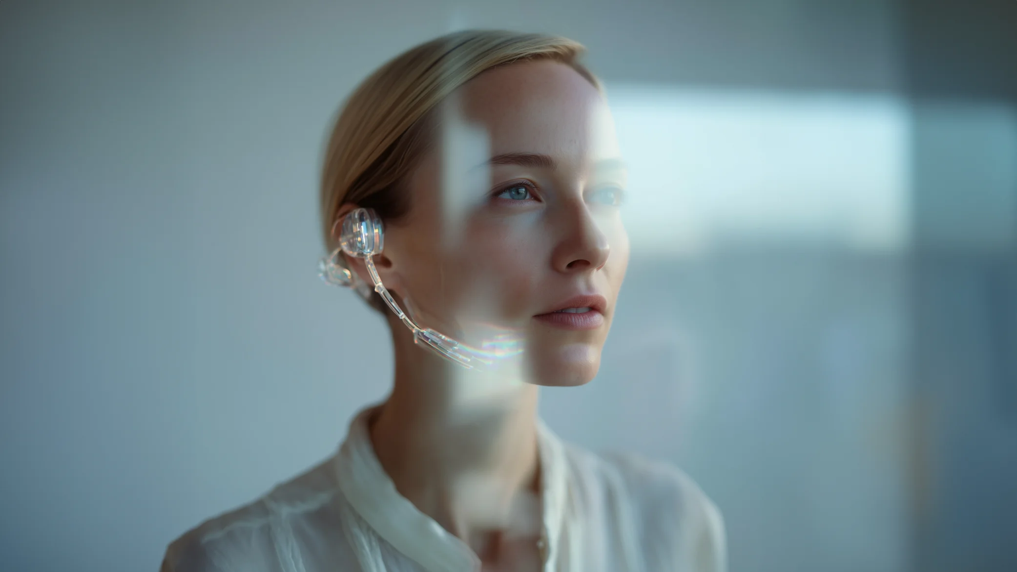 Close-up of a professional wearing a transparent high-tech earpiece, illuminated by soft light reflections in a modern environment. The image conveys themes of digital innovation, cybersecurity, artificial intelligence, and technology-driven transformation.