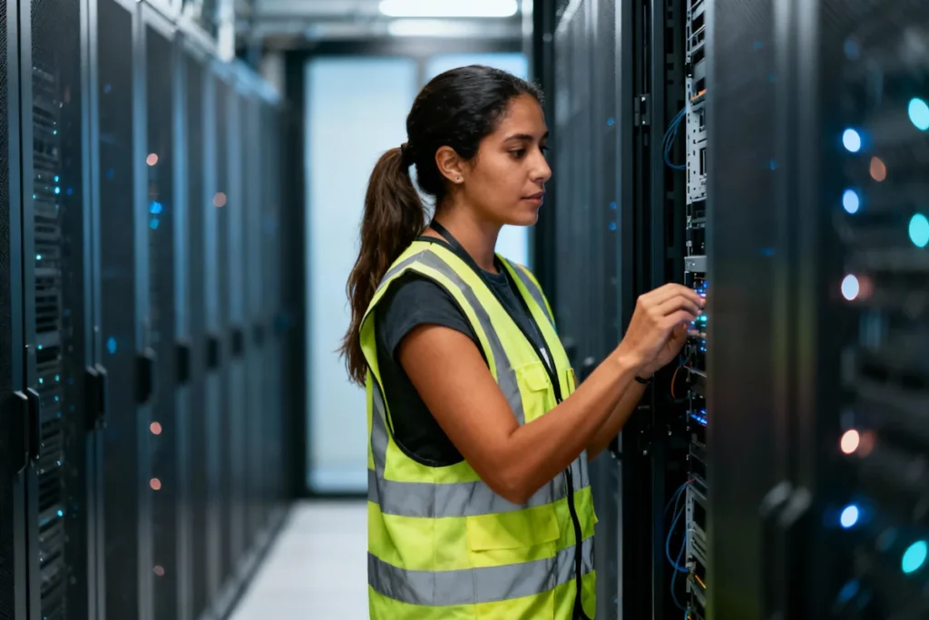 Tecnica IT in una sala server mentre configura o verifica apparecchiature di rete all'interno di un data center, indossando un giubbotto ad alta visibilità.