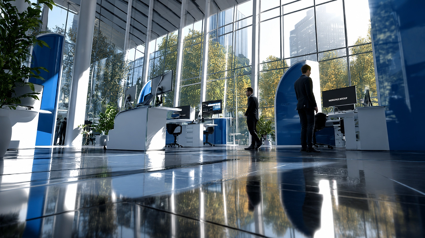 A modern banking office with floor-to-ceiling glass walls is filled with natural daylight, offering views of surrounding trees and high-rise buildings. Several workstations equipped with large computer monitors are arranged throughout the open-plan space. Two professionals in business attire stand near the desks, appearing to review or discuss work. The polished floor reflects the sunlight, furniture, and architectural elements, creating a bright and sophisticated atmosphere. Indoor plants and blue accent structures contribute to a contemporary, professional environment focused on collaboration and technology.