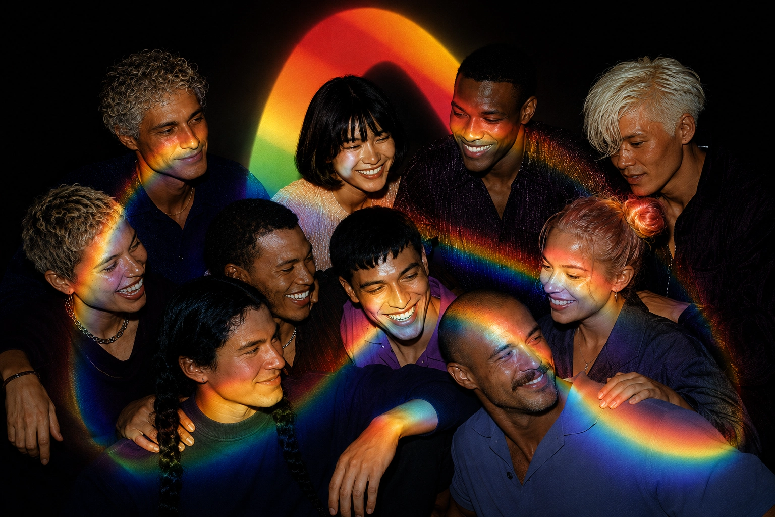A group of people with rainbow shadows on their faces
