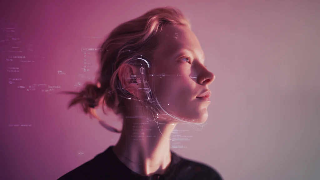 Side-profile portrait of a person with digital graphic overlays on the face against a purple and pink gradient background.