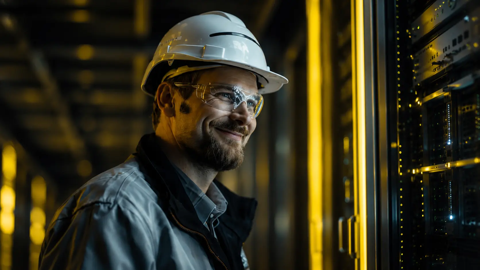 Smiling data center technician in a white hard hat and safety glasses inspects glowing server racks in a dim, industrial room.